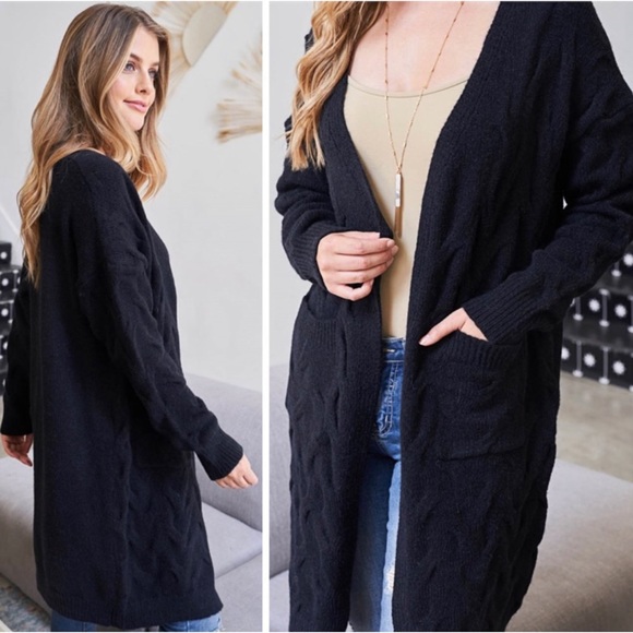 1 LEFT! Open Front Long Sleeve Soft Tight Knit Black Women's Cardigan - Picture 4 of 12